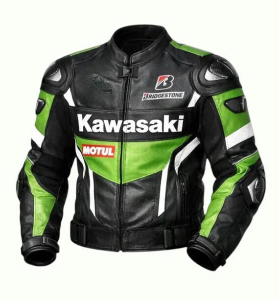 Kawasaki Leather Biker Jacket Men's Genuine Cowhide Motorcycle Racing Jacket Road Safety Riding Gear Sporty Streetwear Jacket Gift for Him