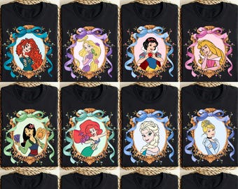 Transferencia térmica de princesas Disney lista para planchar, marco dorado vintage de princesas DTF, transferencia DTF de Ariel, Elsa, Rapunzel y Tiana, escuadrón de princesas DTF