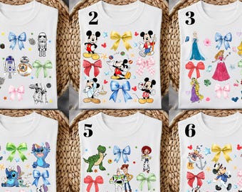 Transferencias DTF de personajes Disney listas para planchar, transferencia térmica retro de ratón mágico, transferencias termoadhesivas de lindos personajes de dibujos animados, transferencias DTF de princesa con lazo coqueta