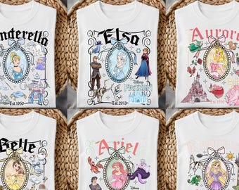 Transferencia térmica de princesas Disney lista para planchar, Elsa, Ariel, Bella, Rapunzel, Frozen, transferencia DTF, princesas vintage DTF, escuadrón de princesas DTF