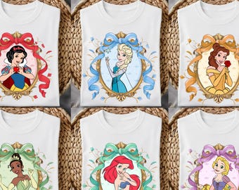 Księżniczki z lustrem Coquette gotowe do druku DTF, Elsa Roszpunka Moana DTF, nadruki na koszulki z akwarelowymi księżniczkami, Disney Princess Heat DIY