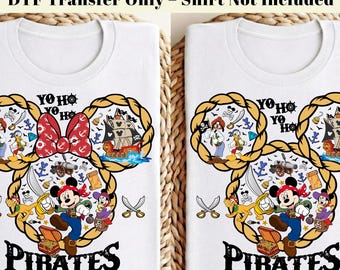 Transfer DTF na koszulki z motywem Disney Pirates, nadruk na koszulkę z motywem Myszki Miki i Piratów, nadruk termotransferowy na rodzinną wycieczkę do Disney World, gotowy do druku DTF