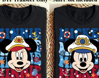 Transfer DTF z Myszką Miki i Minnie, gotowy do druku, transfer termiczny z rejsem Disney w stylu retro, projekt koszulki z motywem marynistycznym na rodzinne wakacje, wycieczka do Disneya w 2026 roku