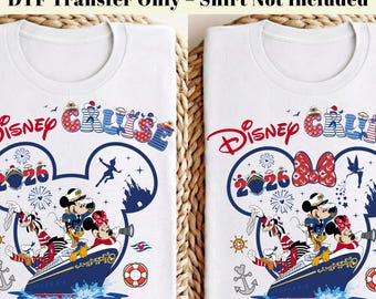 Transfer DTF na rejs Disney 2026 gotowy do druku, transfer termiczny Myszki Miki i Minnie w stylu marynistycznym, projekt koszulki na wakacje z rejsem rodzinnym, wycieczka do Disneya 2026