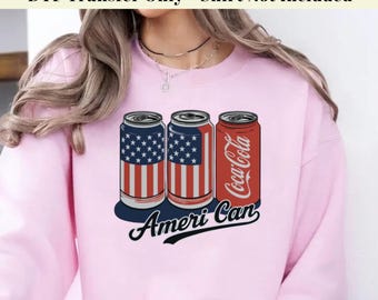 Transfer DTF na Ameri-Can, Patriotyczny transfer ciepła na puszkę z napojem, Wzór na puszkę Coca-Coli z flagą amerykańską, Transfer DTF na 4 lipca, Koszulka DIY na wakacje
