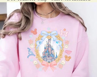 Transferencia DTF de Magical Castle Coquette lista para planchar, transferencia térmica de Magic Kingdom Sleeping Beauty, cinta rosa de dibujos animados para planchar en camisetas