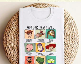 Bóg mówi, że jestem DTF Transfer, Toy Story Termotransfer, Gotowy do prasowania DTF, Chrześcijańskie żelazko dla dzieci, Disney Toy Story 5 DTF