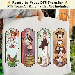 May include: A DTF transfer sheet featuring four vertical panels with Disney characters. Minnie Mouse on a tightrope, Goofy standing on a dynamite barrel, Daisy Duck with a rose by a tombstone, and Mickey, Donald, and Goofy stacked vertically.