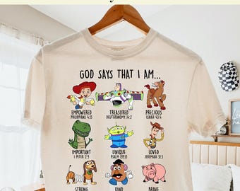 Bóg mówi, że jestem DTF Transfer, Toy Story Termotransfer, Gotowy do prasowania DTF, Chrześcijańskie żelazko dla dzieci, Disney Toy Story 5 DTF