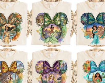 Princesa DTF, Orejas de Princesa Acuarela DTF, Camiseta Viaje de Chicas a la Tierra, Fiesta Temática de Princesas Lista para Planchar, Cuello Redondo Cenicienta Bella Transferencia de Calor