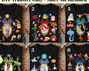 Transferencia térmica de princesas Disney lista para planchar, Ariel, Jasmine, Tiana, Rapunzel DTF, Camiseta de cuento de princesas Disney DTF, Escuadrón de princesas DTF