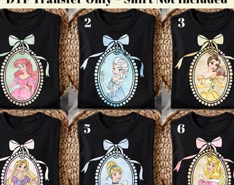 Transferencia térmica de princesas Disney lista para planchar, Ariel, Elsa, Bella, Rapunzel, transferencia DTF, camiseta de princesa con lazo coqueto DTF, Princess Squad DTF