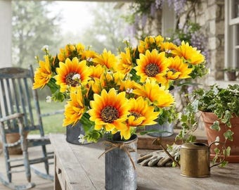 3 Sunflower Centerpieces with Vase | Artificial Rustic Table Decor