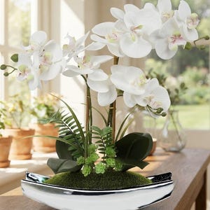 Briful 15" witte orchidee kunstplant - echte touch phalaenopsis met zilveren pot