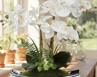 Briful 15" White Orchid Artificial Plant - Real Touch Phalaenopsis with Silver Pot