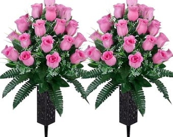 Artificial Cemetery Flowers - Grave Rose Bouquets with Vase Set - Light Pink Memorial Decor