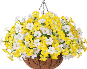 UV Resistant Hanging Morning Glories – Faux Silk Flowers in Planter for Outdoor Patio