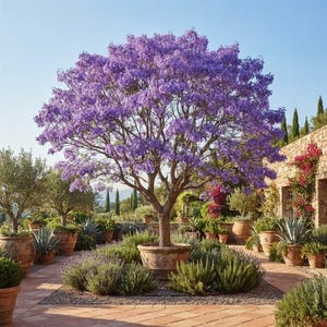 May include: A large jacaranda tree with vibrant purple flowers planted in a terracotta pot, surrounded by various potted plants including agave and lavender on a tiled patio under a clear blue sky.