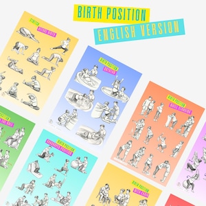 Könnte beinhalten: Eine Sammlung farbenfroher Poster, die verschiedene Gebärpositionen veranschaulichen. Jedes Poster zeigt Strichzeichnungen von Personen, die verschiedene Gebärhaltungen demonstrieren, mit englischem Text. Die Poster dienen Bildungszwecken.