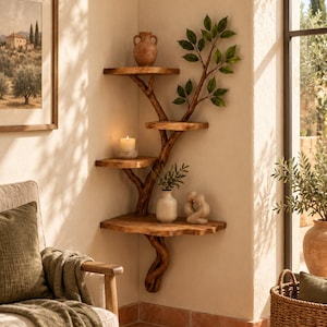 Op de afbeelding: Een hoekwandplank van natuurlijk hout, voorzien van een centrale takvormige steunstructuur met vier trapsgewijze, onregelmatig gevormde planken. De unit bevat groene bladeren aan de bovenste tak en een getextureerde bruine afwerking.