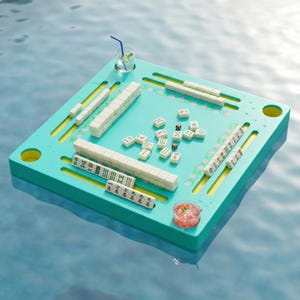 May include: A square, teal floating game table featuring yellow recessed tracks for mahjong tiles, four circular cup holders, and decorative floral patterns. The table holds arranged white mahjong tiles, loose tiles, two dice, and two clear glasses with beverages.