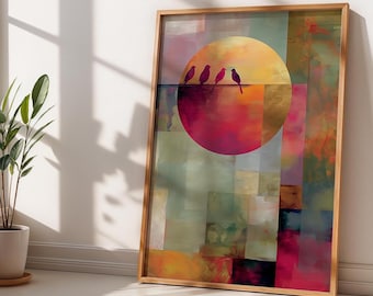 Colorful Abstract Bird Wall Art, Sunset Gold Accent Print, Boho Home Decor (Digital Download)