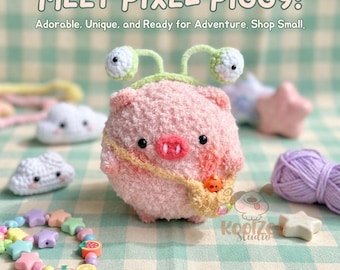 Peluche de cerdito pixelado de ganchillo / Juguete de cerdito amigurumi, Kawaii, Decoración de escritorio (Opción de llavero)