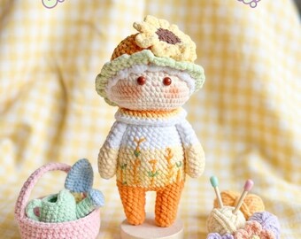 Muñeco de ganchillo con forma de girasol – Peluche hecho a mano, amigurumi coleccionable de estilo cottagecore.