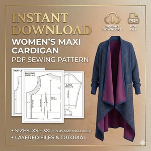 Puede incluir: Un cárdigan maxi azul con forro morado y un patrón detallado se muestra junto a un patrón de costura PDF. El texto de la imagen dice "Descarga instantánea Cárdigan Maxi de Mujer Patrón de costura PDF". Tallas XS-3XL incluidas.