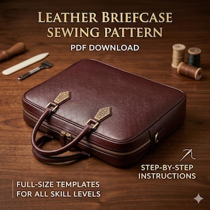 May include: A burgundy leather briefcase sewing pattern with the text "LEATHER BRIEFCASE SEWING PATTERN PDF DOWNLOAD". The briefcase has a zipper closure, decorative gold hardware, and a handle. The text "FULL-SIZE TEMPLATES FOR ALL SKILL LEVELS" and "STEP-BY-STEP INSTRUCTIONS" are also visible.