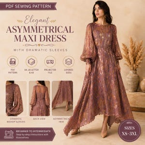 May include: A long, flowing asymmetrical maxi dress with dramatic bishop sleeves. The dress is a mauve color with gold accents and features a unique hemline. The image includes text that says "PDF Sewing Pattern" and "Elegant Asymmetrical Maxi Dress". Sizes XS-3XL.