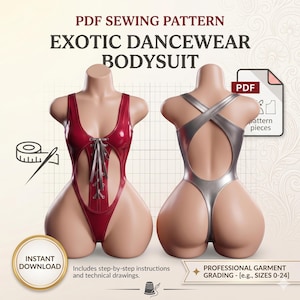 May include: A digital PDF sewing pattern for an exotic dancewear bodysuit. The image shows two mannequins displaying the front and back views of the bodysuit. The front is a shiny red with a lace-up detail, and the back is silver. Text includes "PDF Sewing Pattern" and "Instant Download."
