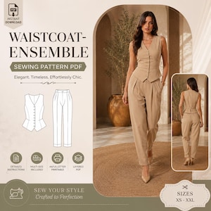 Puede incluir: Un patrón de costura PDF para un conjunto de chaleco y pantalón color beige. La imagen muestra a una mujer que lleva el conjunto, junto con un dibujo lineal del chaleco y el pantalón. El texto dice "WAISTCOAT-ENSEMBLE" y "SEWING PATTERN PDF".