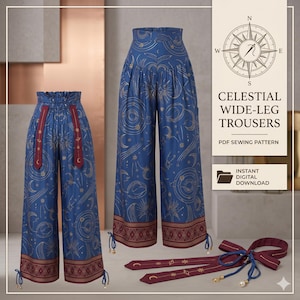 Op de afbeelding: Blauwe broek met wijde pijpen en een hemels ontwerp, met gouden hemelpatronen en een bordeauxrode rand. De broek heeft een hoge taille en wordt geleverd met bijpassende bordeauxrode banden. De tekst "CELESTIAL WIDE-LEG TROUSERS PDF SEWING PATTERN" is ook aanwezig.
