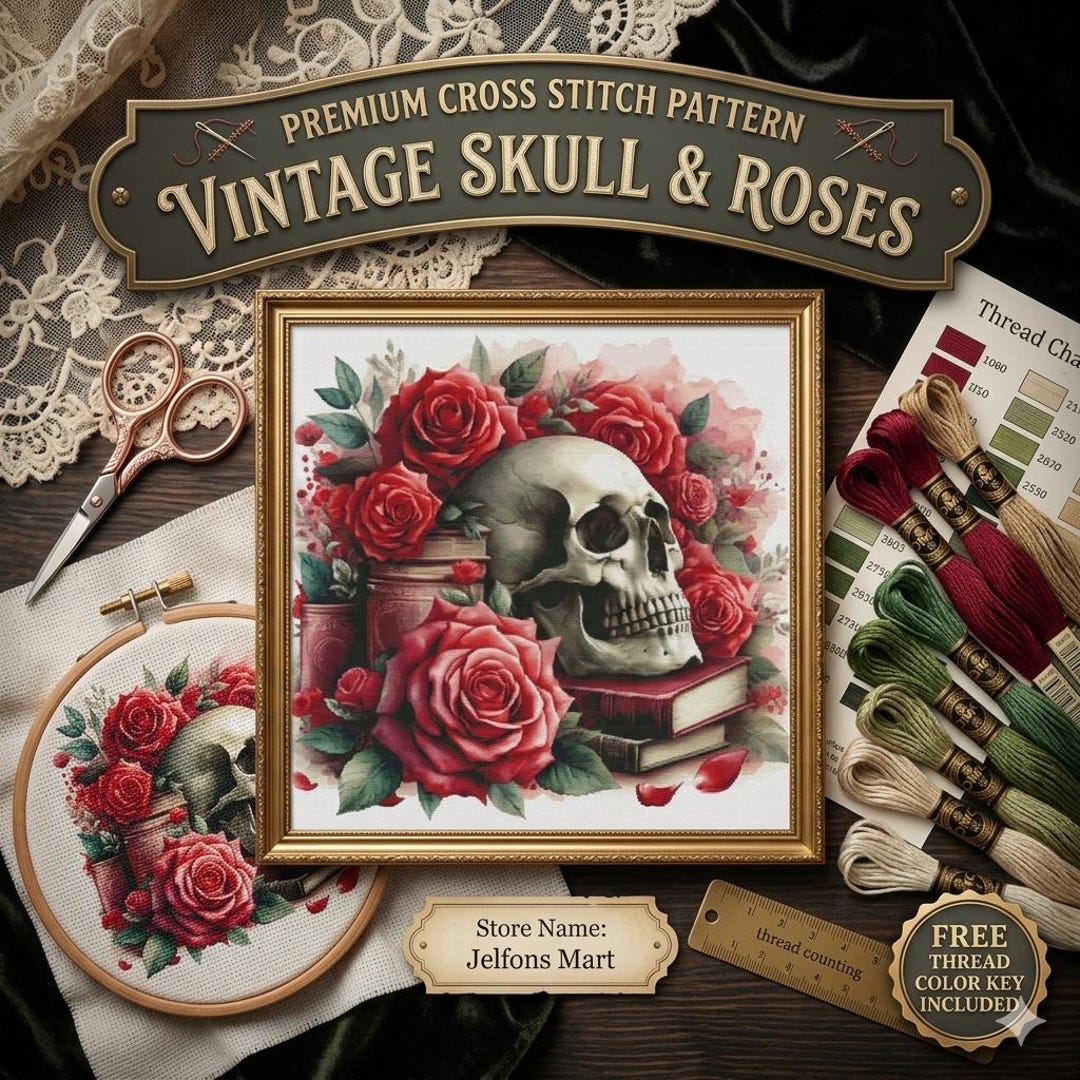 Vintage Skull and Red Roses Cross Stitch Pattern PDF, Gothic Floral ...