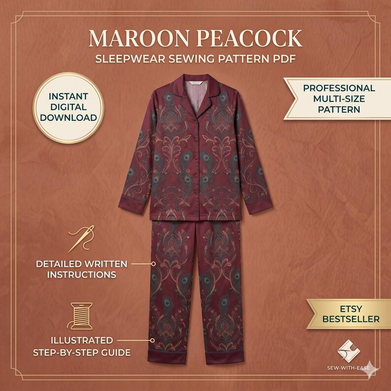 Pajamas Sewing Pattern PDF for Women, Luxury Peacock Print Sleepwear ...