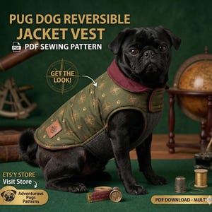 Mops Hund Wendejacke Weste Schnittmuster PDF, druckbare Hundekleidung Muster für kleine Hunde, benutzerdefinierte Haustier Mantel DIY, digitaler Download Nähen