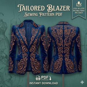 May include: A tailored blue velvet blazer sewing pattern PDF. The blazer features intricate bronze-colored embroidery and is shown from the front and back. The text on the image reads "TAILORED BLAZER SEWING PATTERN PDF" and "INSTANT DOWNLOAD".