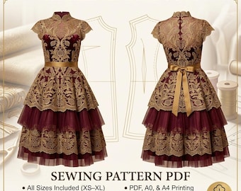 Sewing Pattern PDF for The Eliza Empire Gown, Vintage Style Tiered Lace Cocktail Dress, Digital Download for Women in All Sizes XS-XL