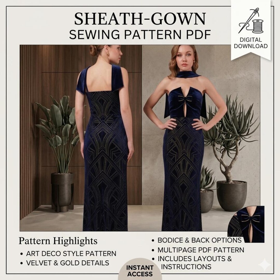 Sheath Sewing Pattern Sheath Gown Sewing Pattern PDF | Art Deco Evening Dress Design | Formal ...