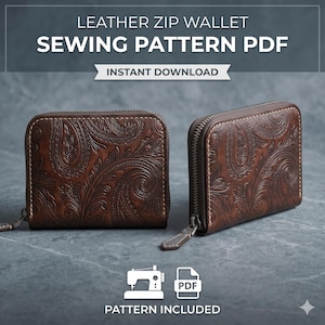 Könnte beinhalten: Zwei braune Leder-Reißverschluss-Geldbörsen mit Paisley-Muster. Die Geldbörsen haben einen Reißverschluss und weiße Nähte. Der Text "LEATHER ZIP WALLET SEWING PATTERN PDF" und "INSTANT DOWNLOAD" ist sichtbar. Auch "PATTERN INCLUDED" ist sichtbar.