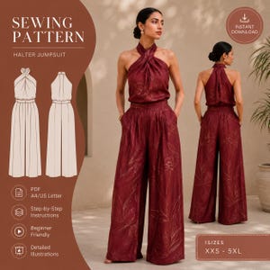 Pode incluir: Um macacão halter bordô com estampa floral é mostrado em um estúdio. A imagem inclui um gráfico de padrão de costura com o texto "SEWING PATTERN" e "HALTER JUMPSUIT". O padrão inclui instruções e está disponível nos tamanhos XXS-5XL.
