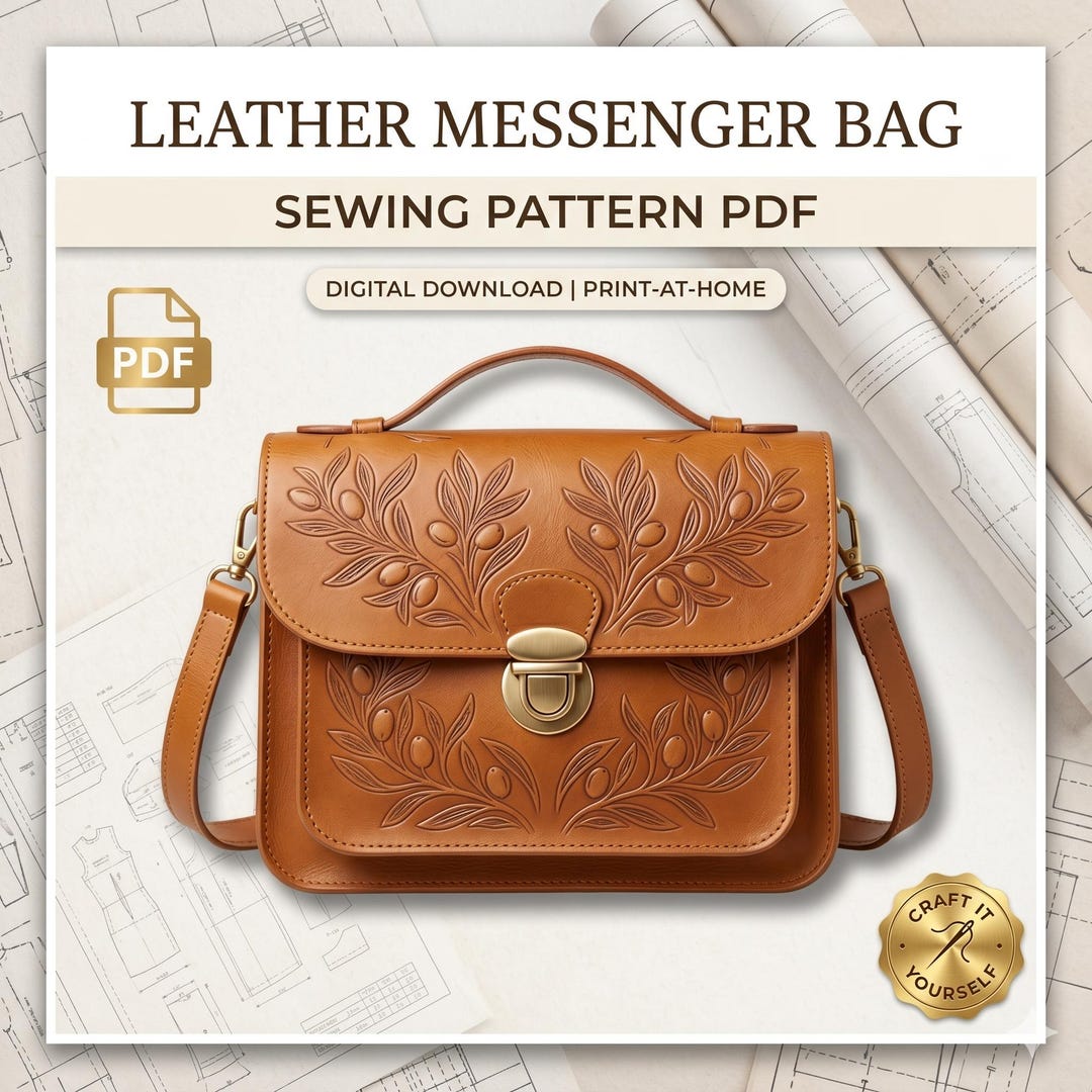 Leather Messenger Bag Sewing Pattern PDF - Floral Leather Craft Satchel ...