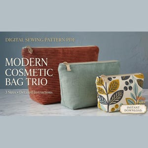 Modern Cosmetic Bag Sewing Pattern PDF - 3 Sizes Zipper Pouch Tutorial -Toiletry Bag Makeup Organizer Pattern -DIY Sewing Gift for Beginners
