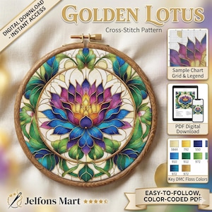 May include: A cross-stitch pattern of a lotus flower in a wooden hoop. The design features a vibrant colour palette and is available as a digital download. The text "GOLDEN LOTUS" is displayed at the top, with "Cross-Stitch Pattern" below.