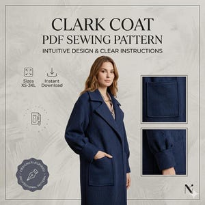 Clark jas pdf-naaipatroon voor vrouwen, oversized lange winterjas digitale download, professioneel op maat gemaakt jaspatroon, eenvoudige doe-het-zelf-uitloper