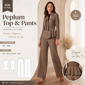 May include: A woman models a brown plaid peplum top and wide-leg pants suit. The image includes a PDF pattern with the text "Peplum Top & Pants" and "Timeless Elegance, Tailored by You." The pattern is beginner-friendly and includes sizes XS-XXL.