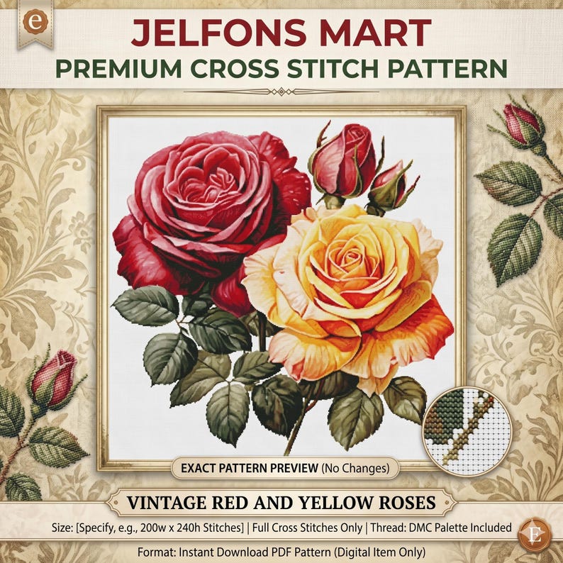 Contrast Stitching Rvk Roses Vintage Red and Yellow Roses Cross Stitch Pattern PDF, Realistic Floral ...