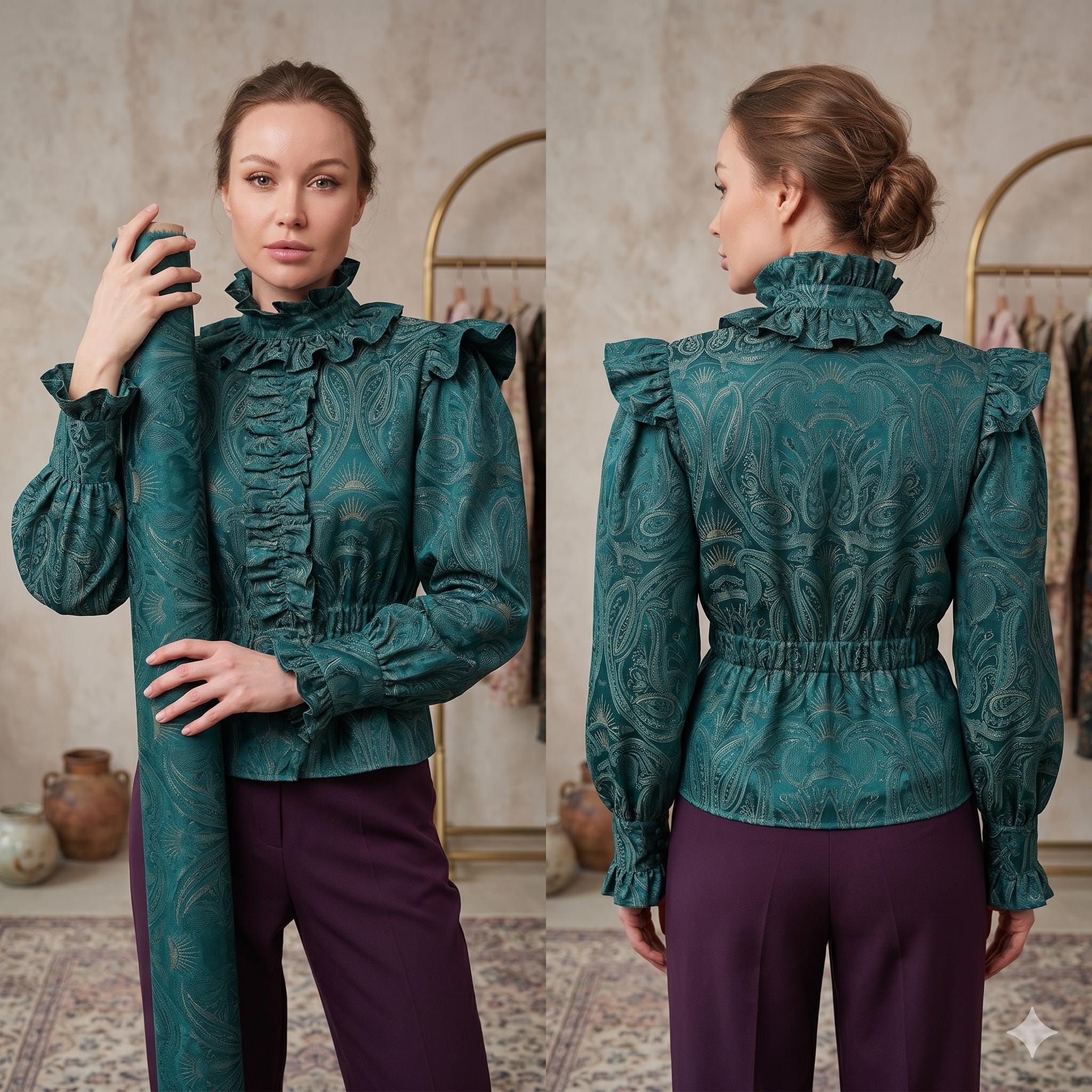 Victorian Ruffle Blouse Sewing Pattern PDF | High Neck Puff Sleeve Top ...
