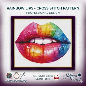 May include: A cross-stitch pattern featuring a vibrant image of rainbow-colored lips. The design includes shades of pink, red, orange, yellow, green, and blue. The text "RAINBOW LIPS - CROSS STITCH PATTERN" is displayed at the top. The pattern size is 150x120 stitches.